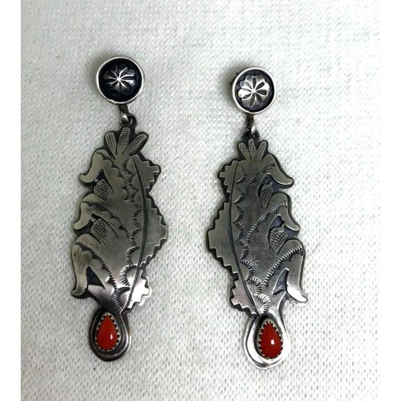 Sterling Silver Stamped Corn Husks & Coral Dangle Earrings - Signed - 3" - Picture 2 of 6